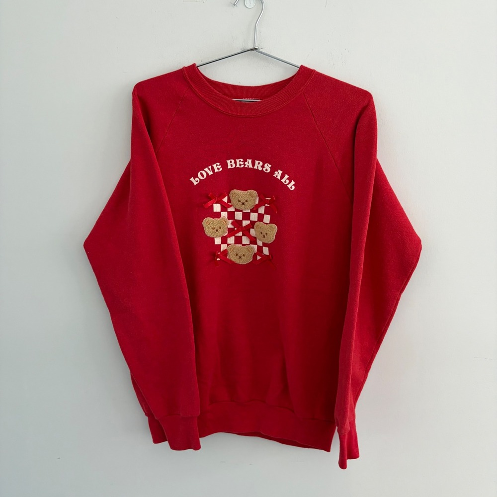 Vintage Fruit of the Loom Love Bears All Red Sweatshirt Large Made in USA 90s